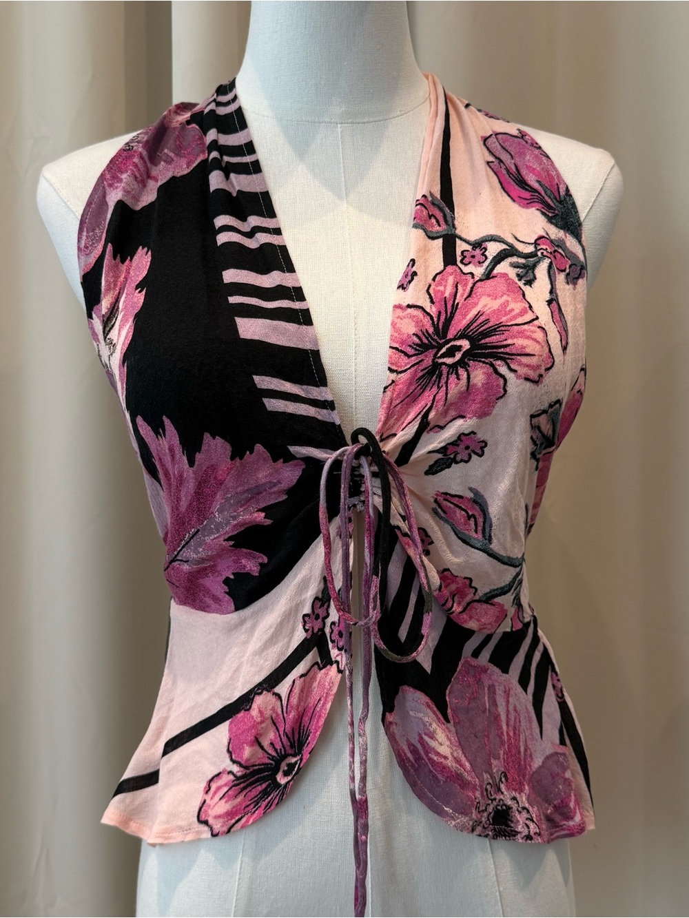 Free People Sucker For Love Floral Halter Top Pink Black Striped Tie Front XS